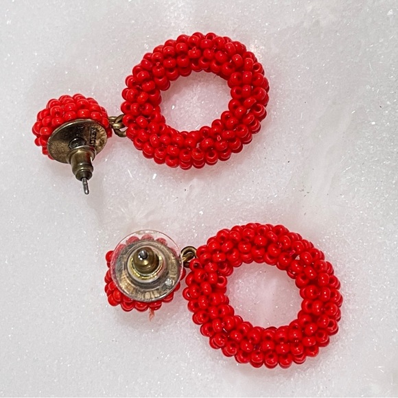 SOLD J.Crew Bright Cerise Mini Bead Drop Hoop Earrings - Picture 2 of 6